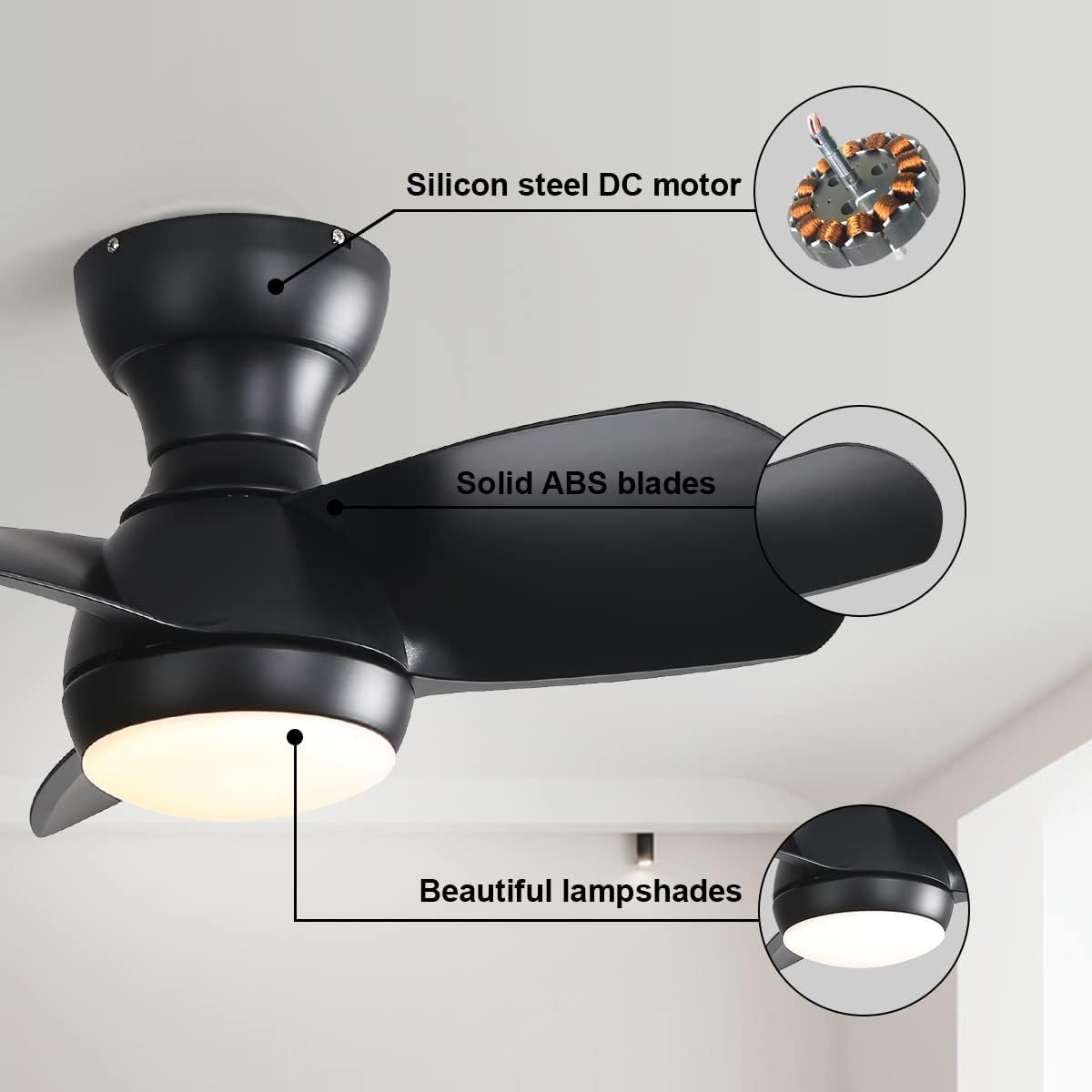 23 Inch Bedroom Ceiling Fan With 3 ABS Blades Remote Control DC Motor Black With 18W Led Light