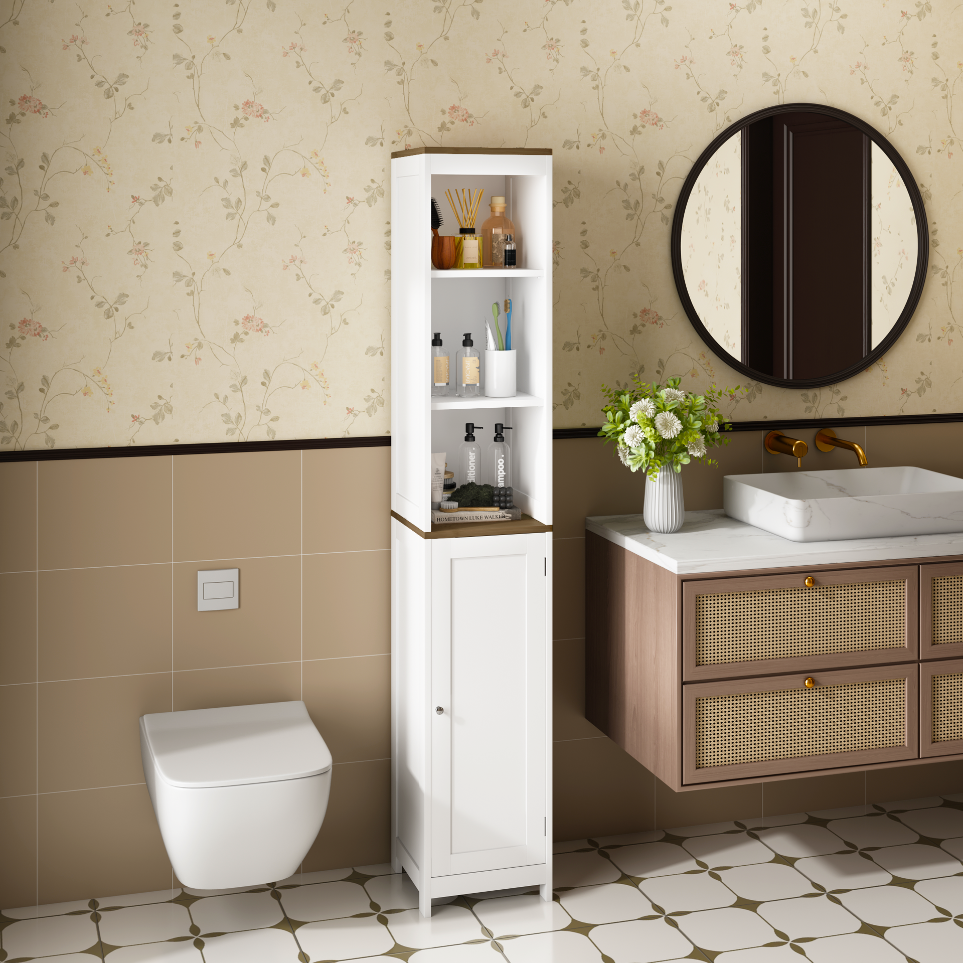 Tall Bathroom Storage Cabinet with Reversible Door, Freestanding Linen Tower with Open Shelves and Enclosed Cabinet, Narrow Floor Cabinet Organizer for Bathroom, Laundry Room or Small Spaces – White
