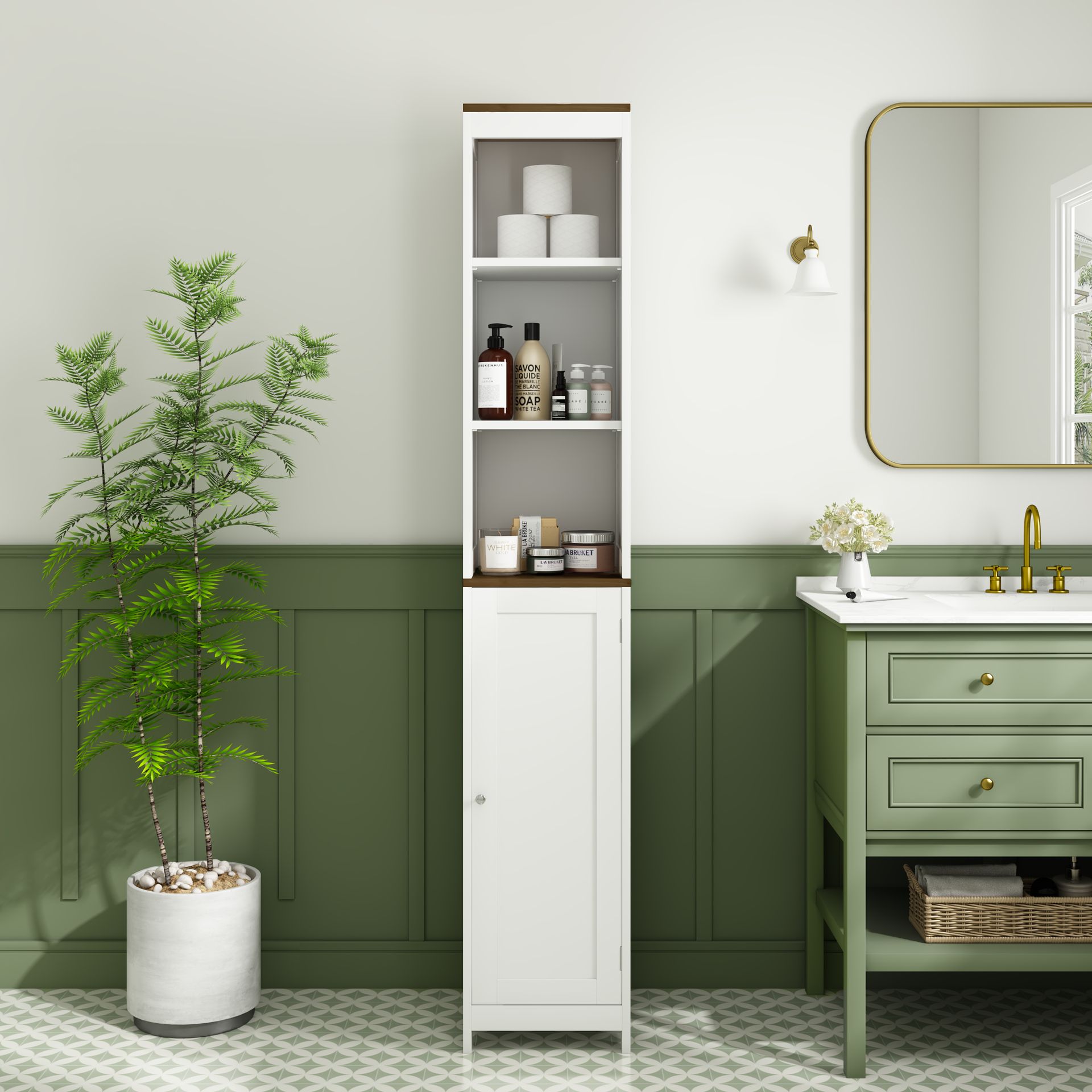 Tall Bathroom Storage Cabinet with Reversible Door, Freestanding Linen Tower with Open Shelves and Enclosed Cabinet, Narrow Floor Cabinet Organizer for Bathroom, Laundry Room or Small Spaces – White