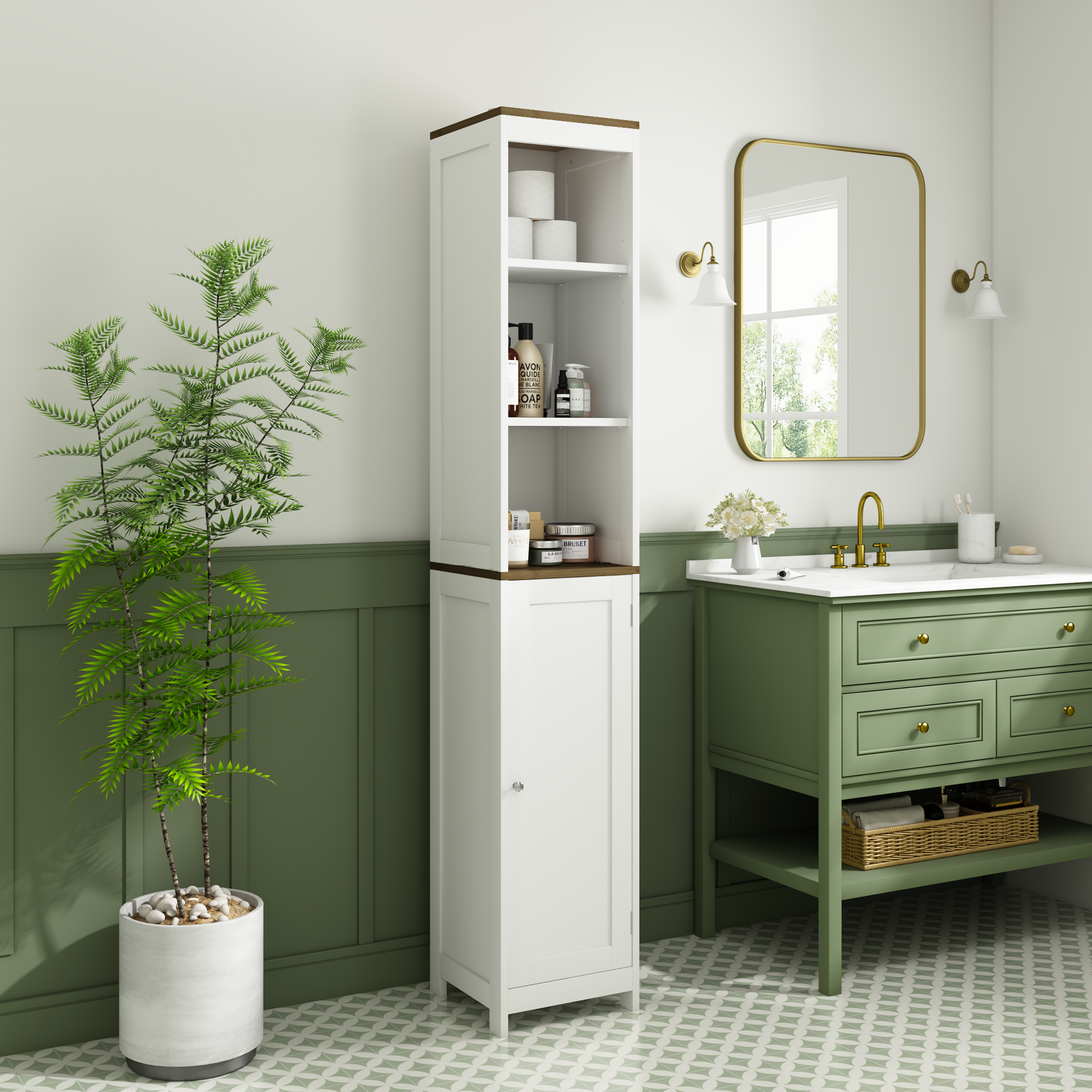 Tall Bathroom Storage Cabinet with Reversible Door, Freestanding Linen Tower with Open Shelves and Enclosed Cabinet, Narrow Floor Cabinet Organizer for Bathroom, Laundry Room or Small Spaces – White
