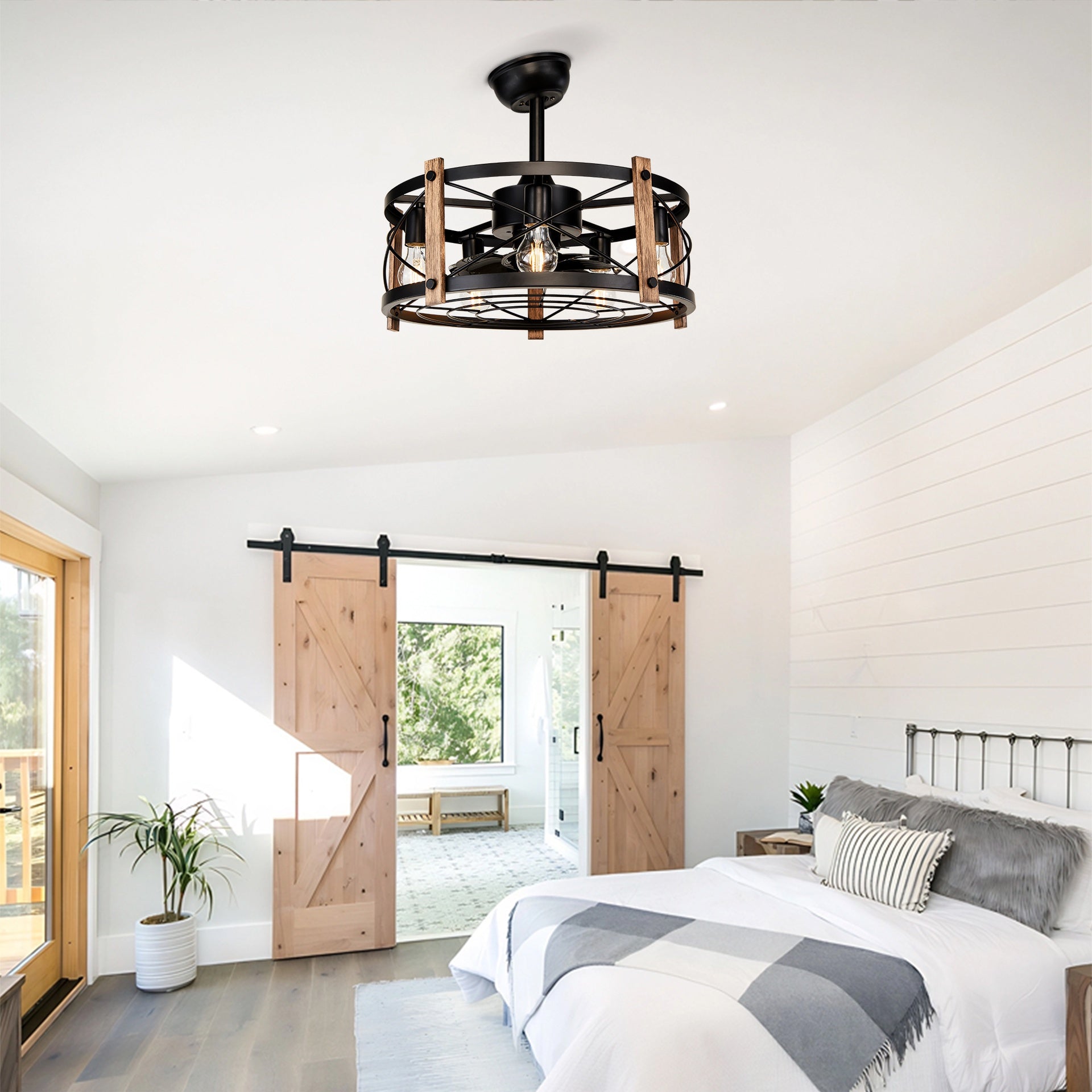 20'' Cage Ceiling Fan With Remote Control ,Quiet  Motor Fan Light , Indoor  Chandelier Ceiling Fan For Bedroom, Living room, Dinning Room, Kids Room--Matte Black (bulbs not included.)