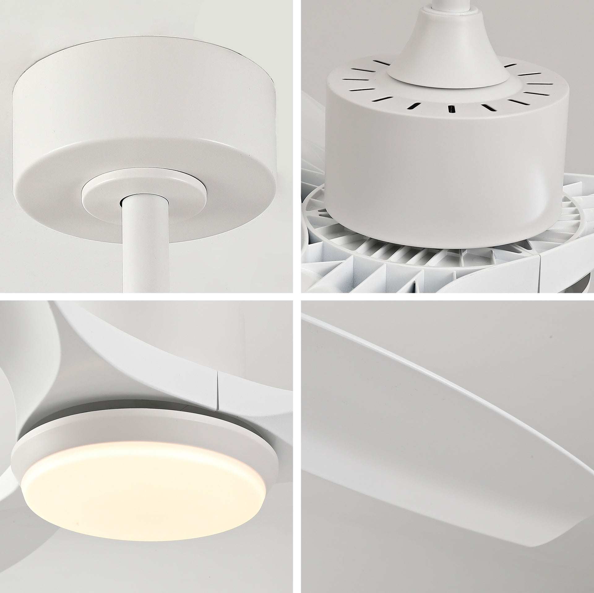 Best-selling 52-inch modern white ceiling fan with light, featuring 3 ABS plastic blades, remote control operation, reversible DC motor, and dimmable LED lighting.