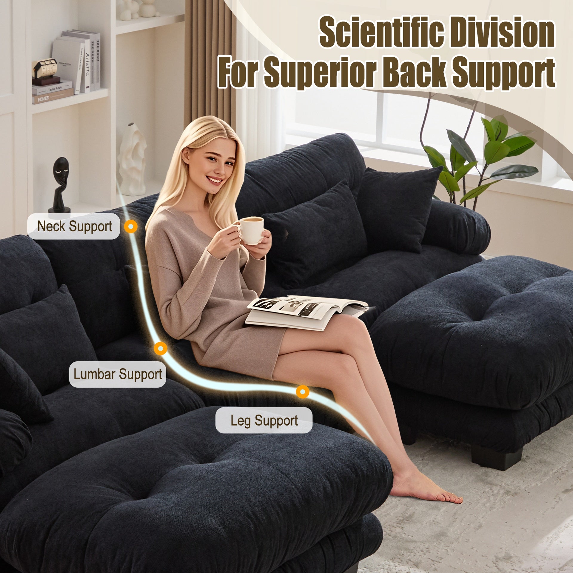 UNITED WE WIN Pelletized velvet  U Shape Cloud Couch with 2 Ottomans,Free Combined 3 Seater Comfy Sofa with Bolster Armrest Pillows, sofa for Living Room