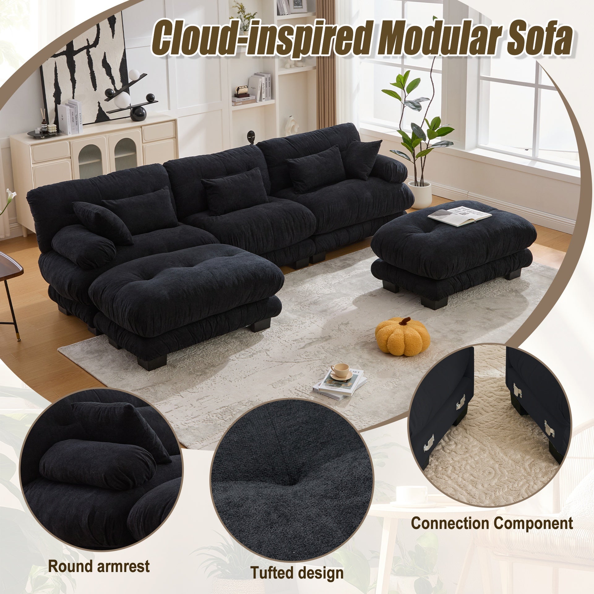 UNITED WE WIN Pelletized velvet  U Shape Cloud Couch with 2 Ottomans,Free Combined 3 Seater Comfy Sofa with Bolster Armrest Pillows, sofa for Living Room