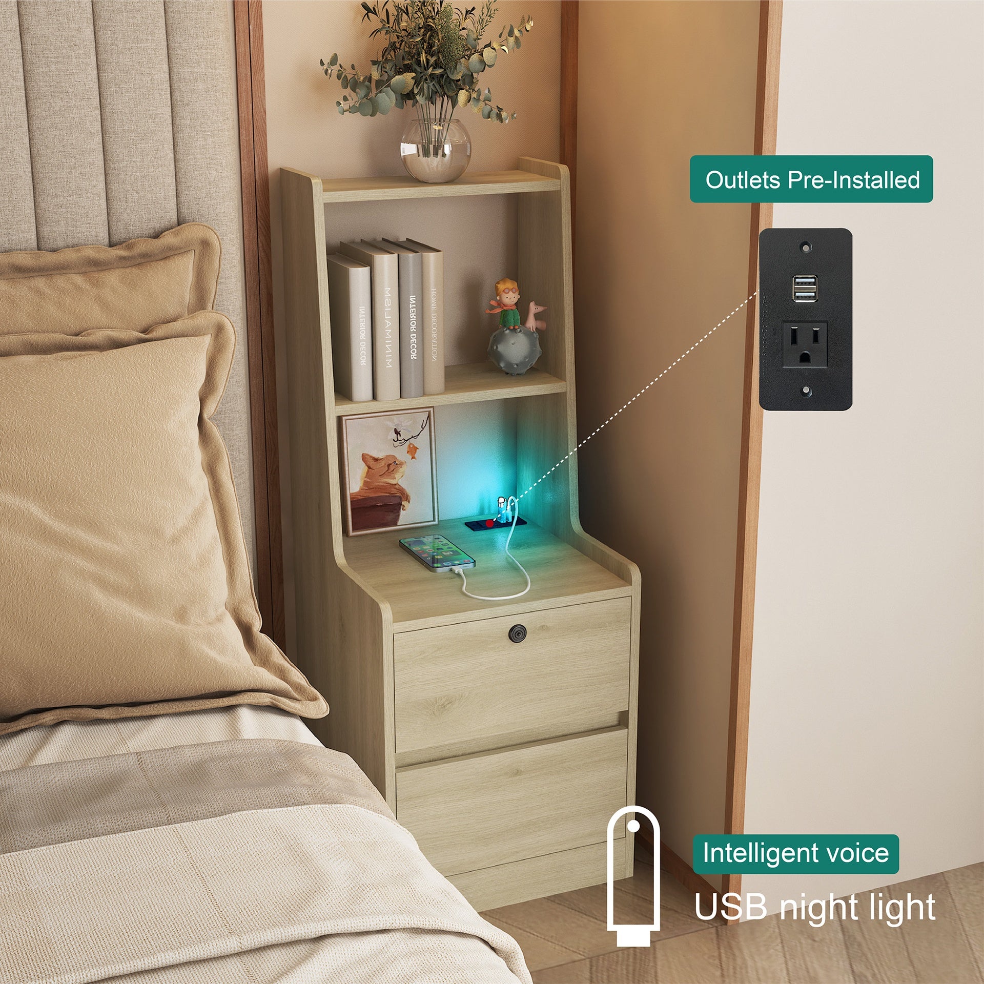 Nightstand with Charging Station, Smart Nightstand with Night Light, Modern Night Stand with Bookshelf, Bedside Tables with Storage Cabinet for Bedroom, Wood