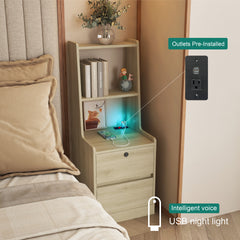 Nightstand with Charging Station, Smart Nightstand with Night Light, Modern Night Stand with Bookshelf, Bedside Tables with Storage Cabinet for Bedroom, Wood