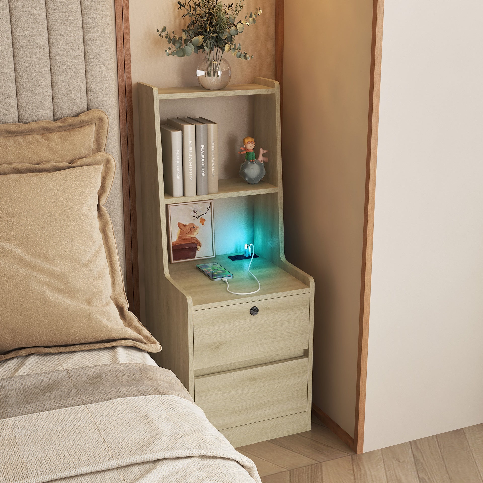 Nightstand with Charging Station, Smart Nightstand with Night Light, Modern Night Stand with Bookshelf, Bedside Tables with Storage Cabinet for Bedroom, Wood