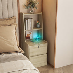 Nightstand with Charging Station, Smart Nightstand with Night Light, Modern Night Stand with Bookshelf, Bedside Tables with Storage Cabinet for Bedroom, Wood