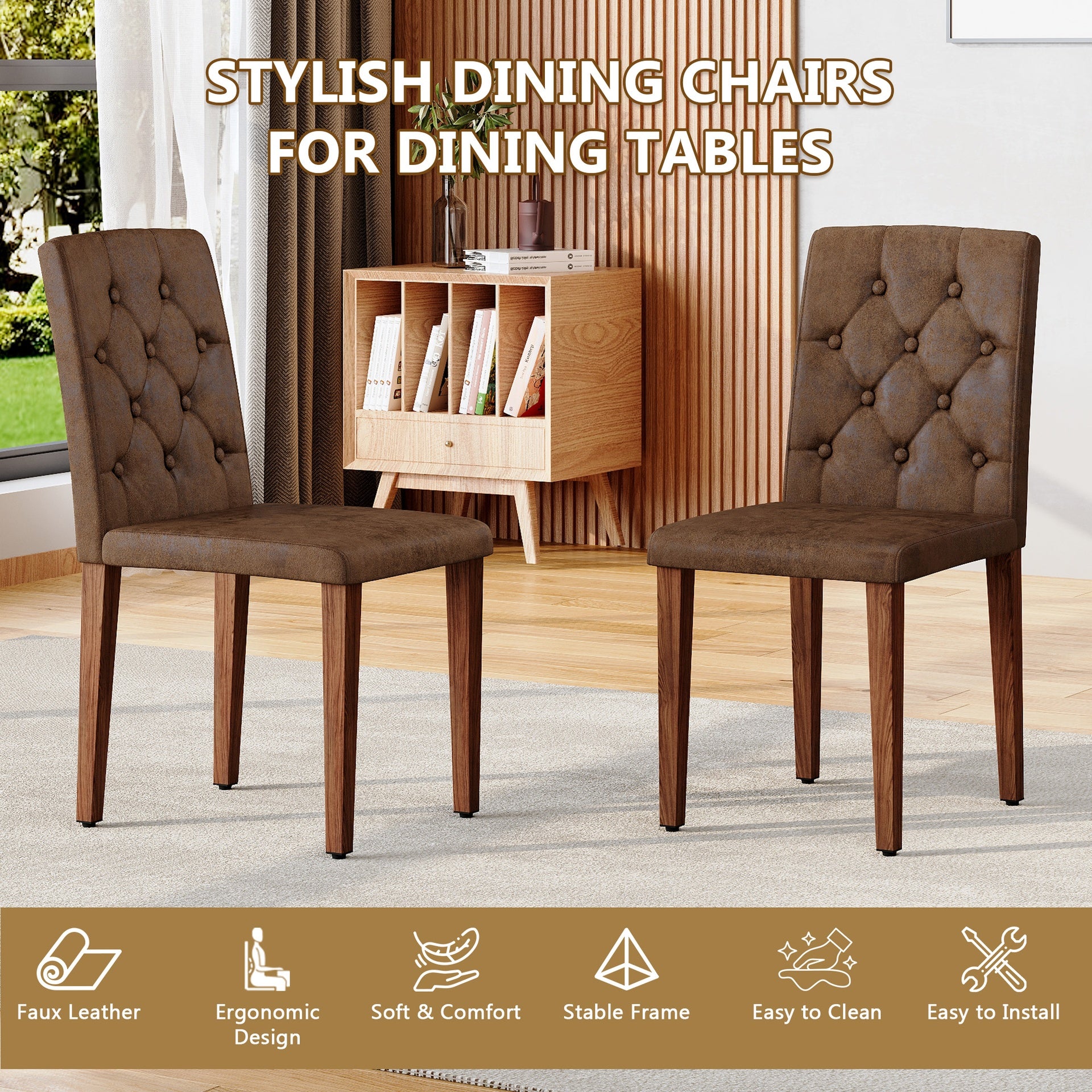 2-piece brown technology cloth dining chair: ergonomically designed with a buckle backrest,35 inches high, walnut metal legs, combining comfort and texture.Suitable for restaurants,banquet halls,etc.