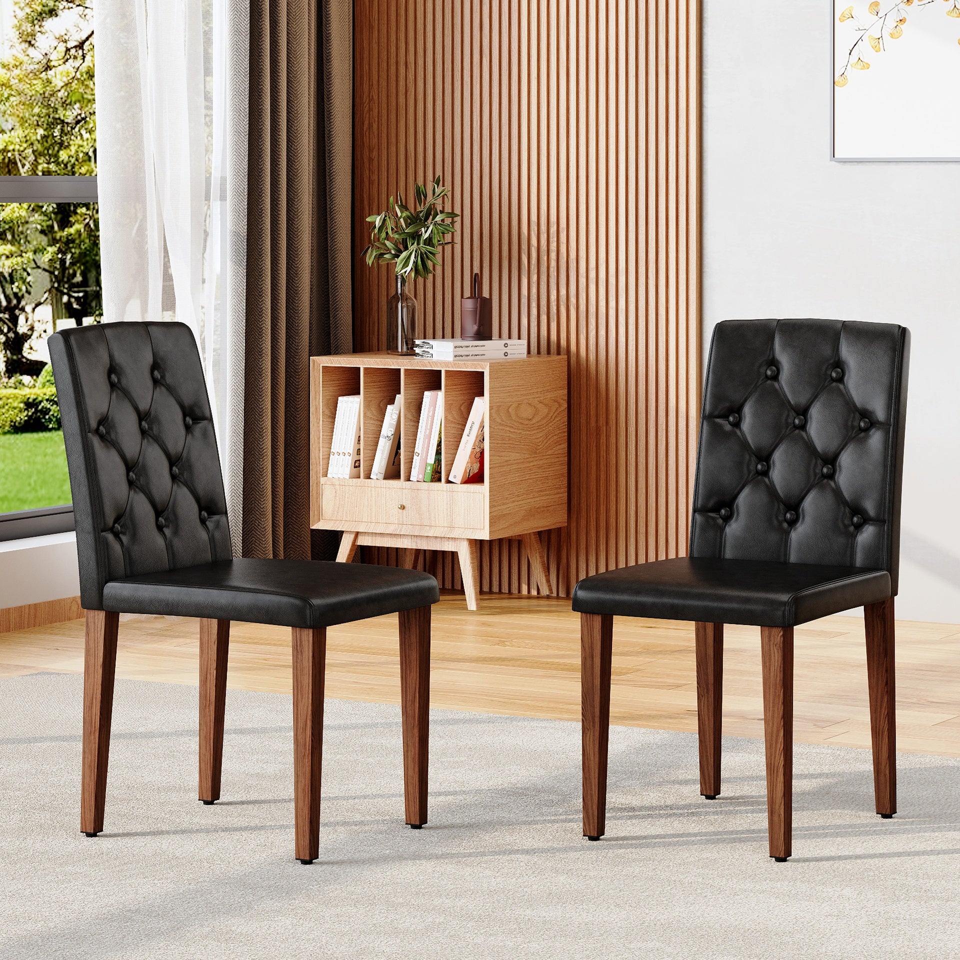 2-piece set of black PU dining chairs: ergonomically designed with a buckle backrest, 35 inches high, walnut metal legs, combining comfort and texture. Very suitable for family restaurants,hotel ,etc.