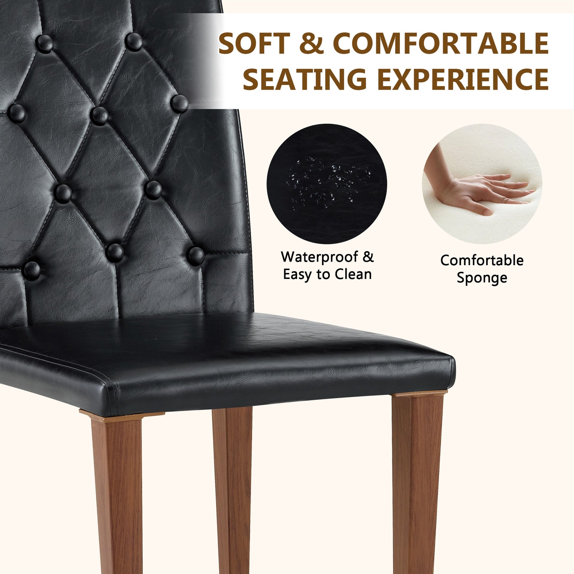 2-piece set of black PU dining chairs: ergonomically designed with a buckle backrest, 35 inches high, walnut metal legs, combining comfort and texture. Very suitable for family restaurants,hotel ,etc.