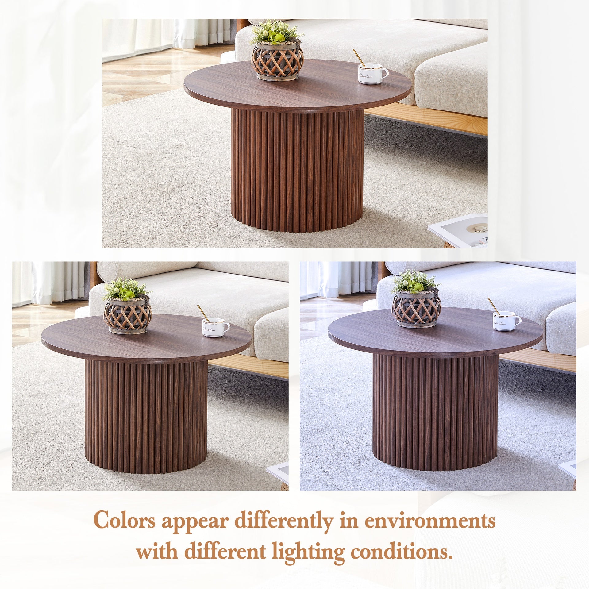 A modern circular coffee table with a diameter of 27.5 inches interprets home aesthetics and practicality. MDF material,cylindrical table leg design.Becoming the visual focal point of home decoration.