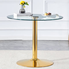 A 35-inch diameter glass top and a modern, minimalist round dining table with gold metal legs. Ideal for dining rooms, living rooms and meeting rooms.