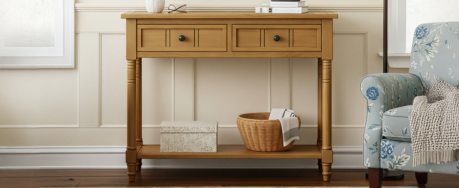 TREXM Daisy Series Console Table Traditional Design with Two Drawers and Bottom Shelf (Natural)