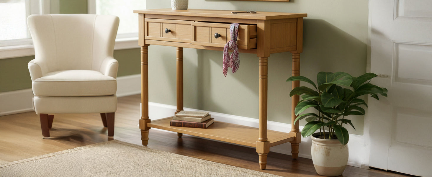TREXM Daisy Series Console Table Traditional Design with Two Drawers and Bottom Shelf (Natural)
