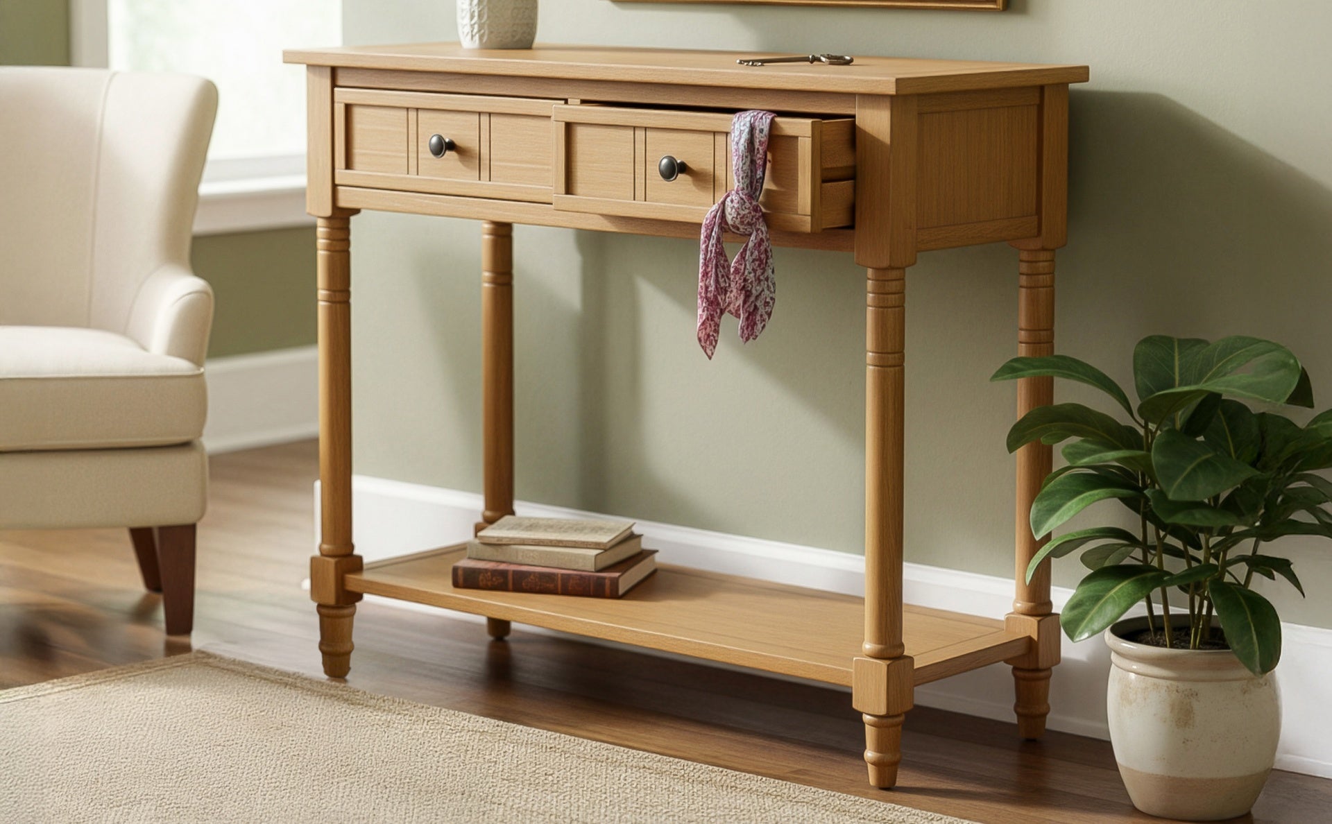 TREXM Daisy Series Console Table Traditional Design with Two Drawers and Bottom Shelf (Natural)