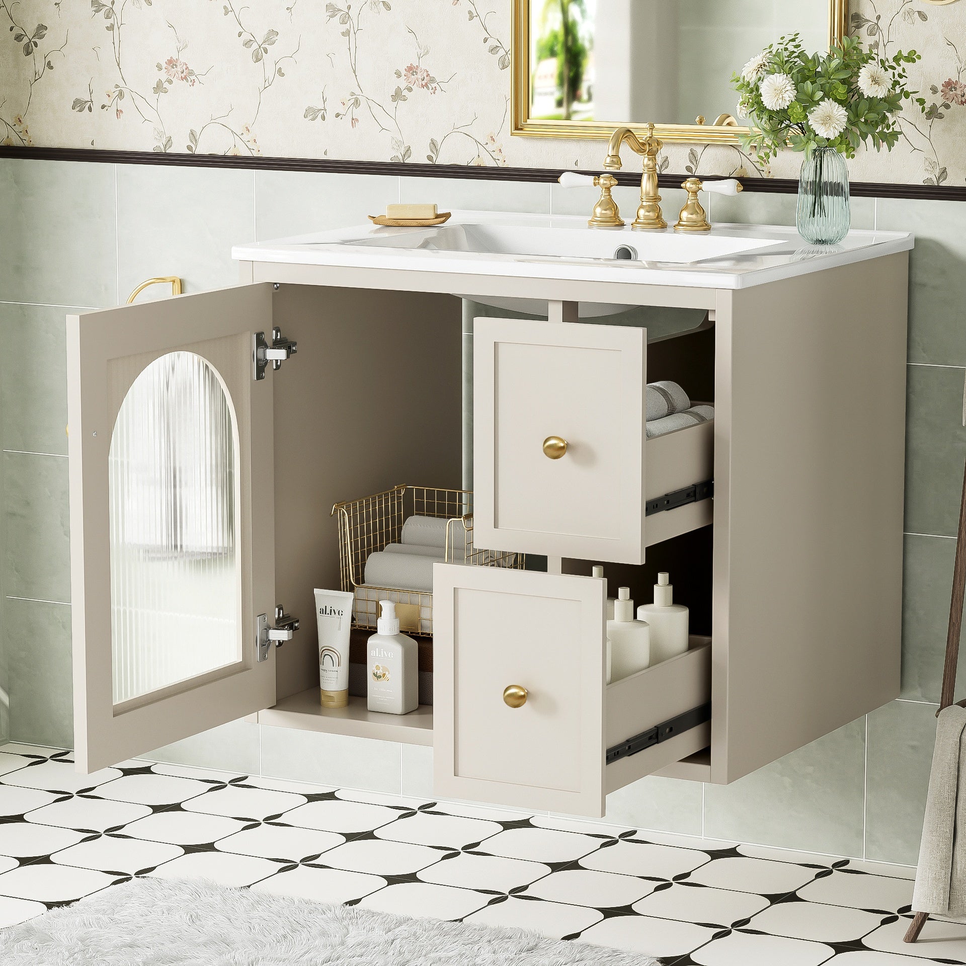 24" Bathroom Vanity Set Wall Mounted for Small Space, Bathroom Cabinet with Ceramic Sink, 2 Drawers and 1 Soft-Close Door