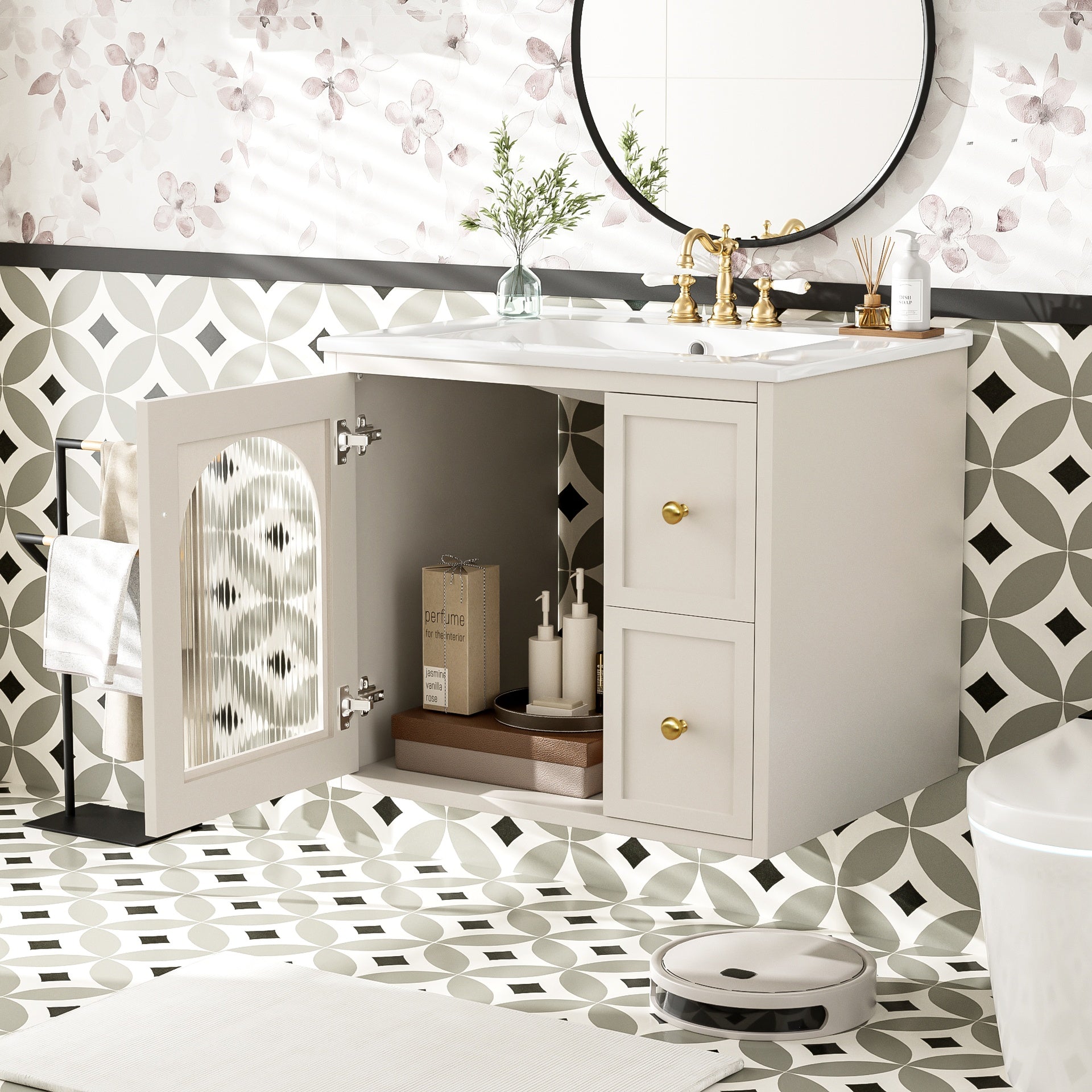 24" Bathroom Vanity Set Wall Mounted for Small Space, Bathroom Cabinet with Ceramic Sink, 2 Drawers and 1 Soft-Close Door