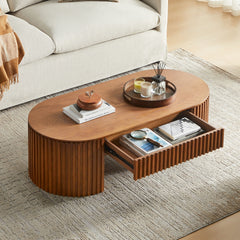 51.18'' Oval Wood Coffee Table With Drawer  Mid Century Modern Coffee Table Unique Coffee Table for Living Room Furniture, Tea Table Brown