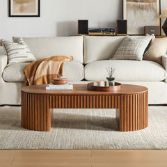 51.18'' Oval Wood Coffee Table With Drawer  Mid Century Modern Coffee Table Unique Coffee Table for Living Room Furniture, Tea Table Brown