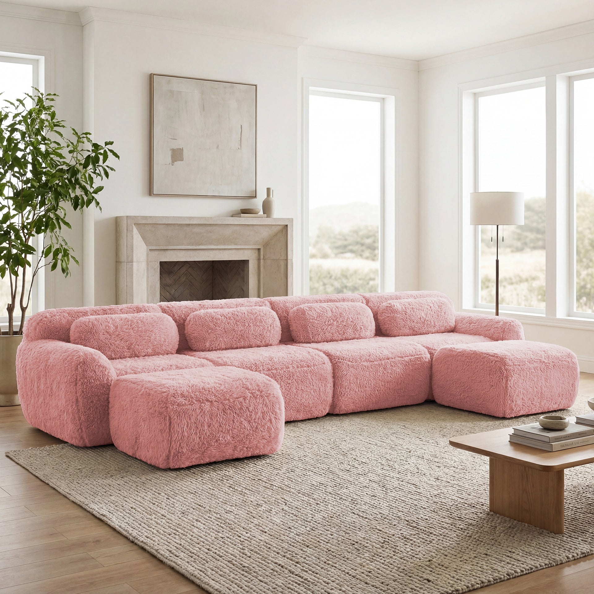 U-shaped Boneless Sofa,32D High Density Sponge Bottom,Anti-Slip Design,No Assembly Required Ergonomic Design,Free Combination Full-compression Vacuum Packaging,For Living Rooms,Chcolate,Pink