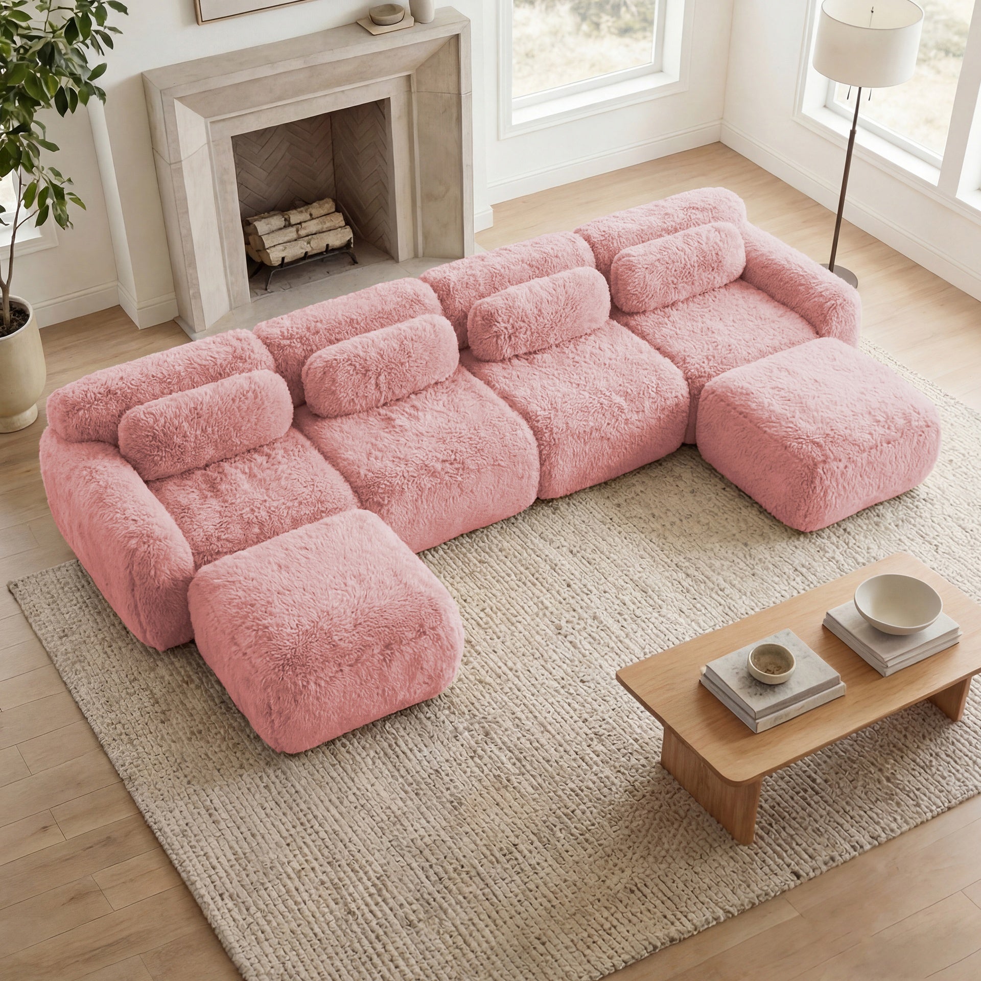 U-shaped Boneless Sofa,32D High Density Sponge Bottom,Anti-Slip Design,No Assembly Required Ergonomic Design,Free Combination Full-compression Vacuum Packaging,For Living Rooms,Chcolate,Pink
