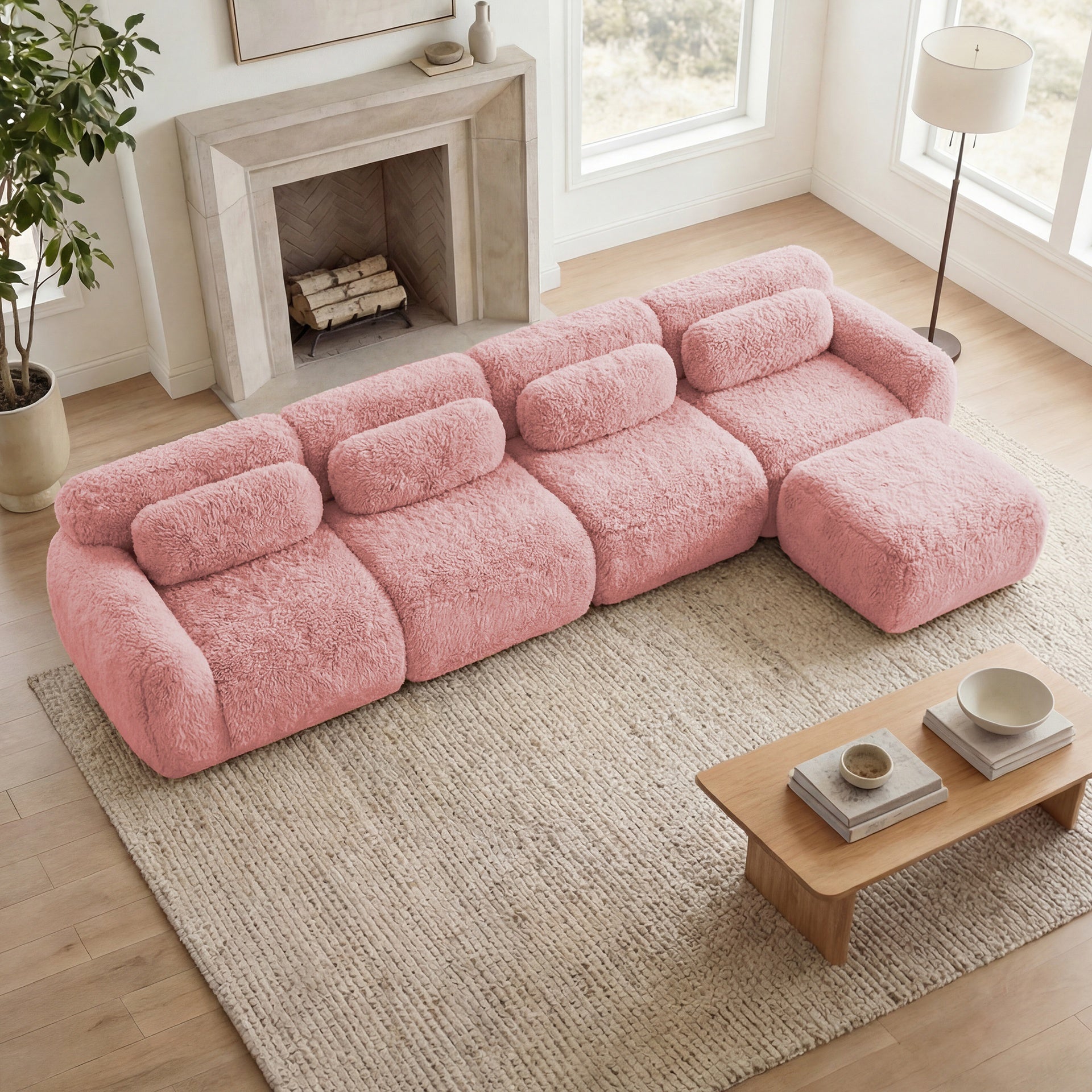 L-shaped Soft And Fluffy Plush Fabric,Modular Sectional Sofa Couches,32D High Density Sponge Bottom Anti-Slip Design,Free Combination Buckle Connection,No Assembly Required,For Living Rooms,Pink