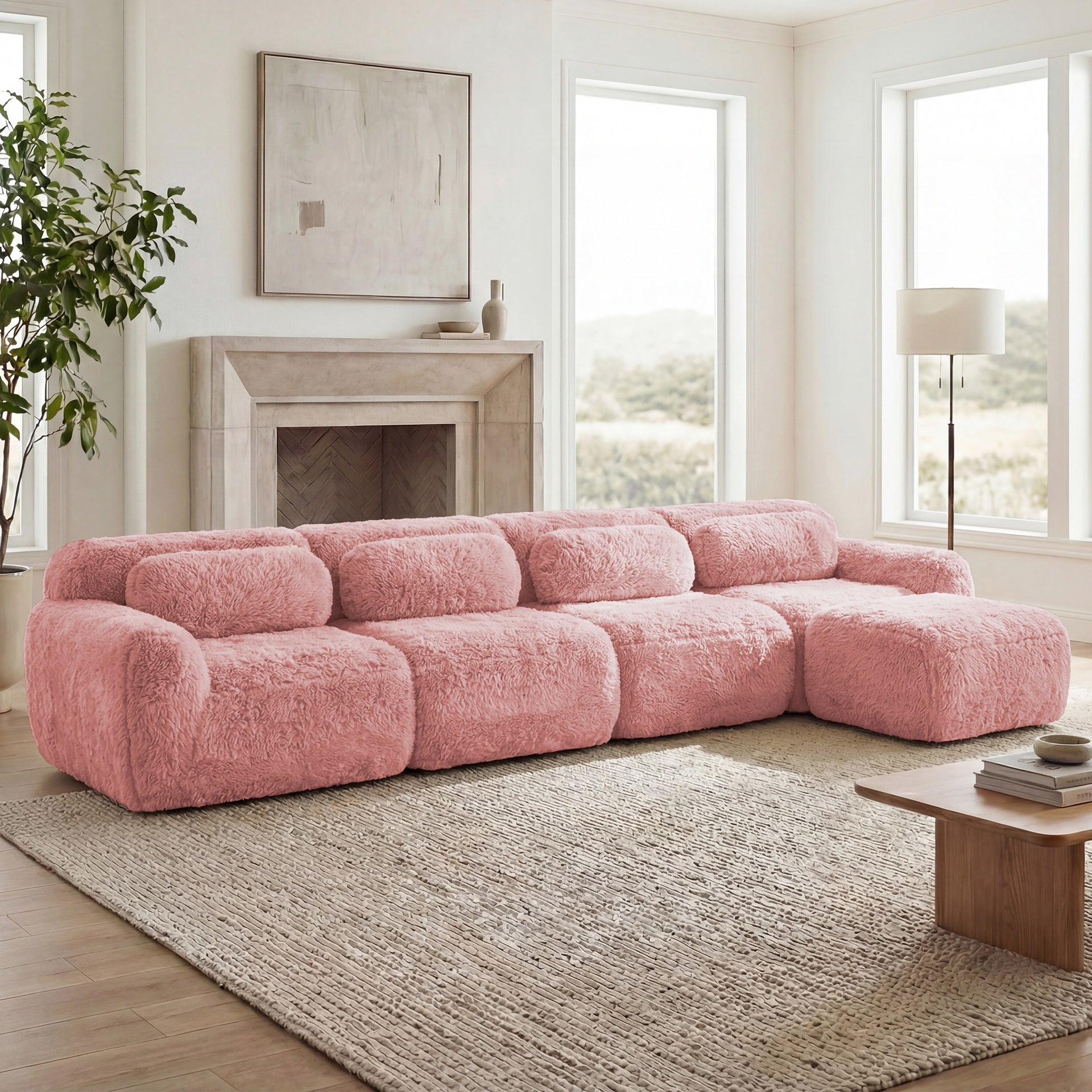 L-shaped Soft And Fluffy Plush Fabric,Modular Sectional Sofa Couches,32D High Density Sponge Bottom Anti-Slip Design,Free Combination Buckle Connection,No Assembly Required,For Living Rooms,Pink