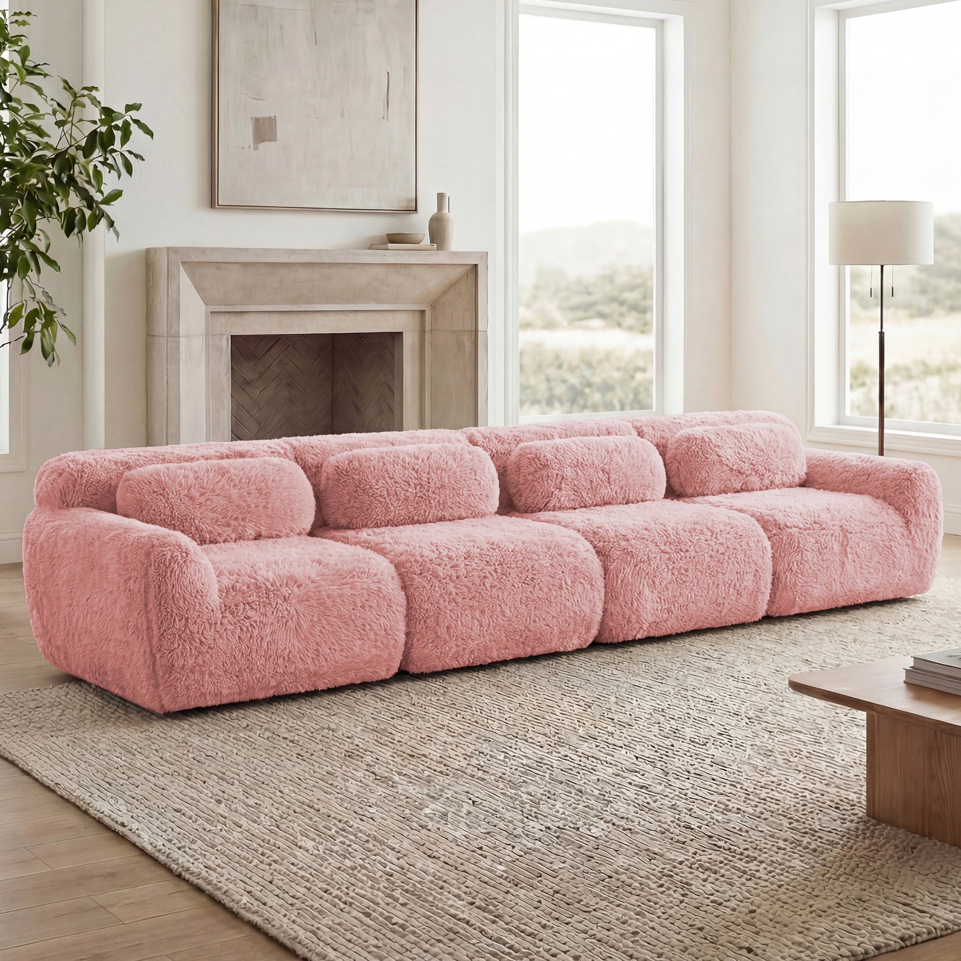 149'' Soft And Fluffy Plush Fabric,Boneless Sofa,32D High Density Sponge Ergonomic Design,Full-compression Vacuum Packaging,Free Combination Buckle Connection For Bedroom,Study,Home Theater,Pink