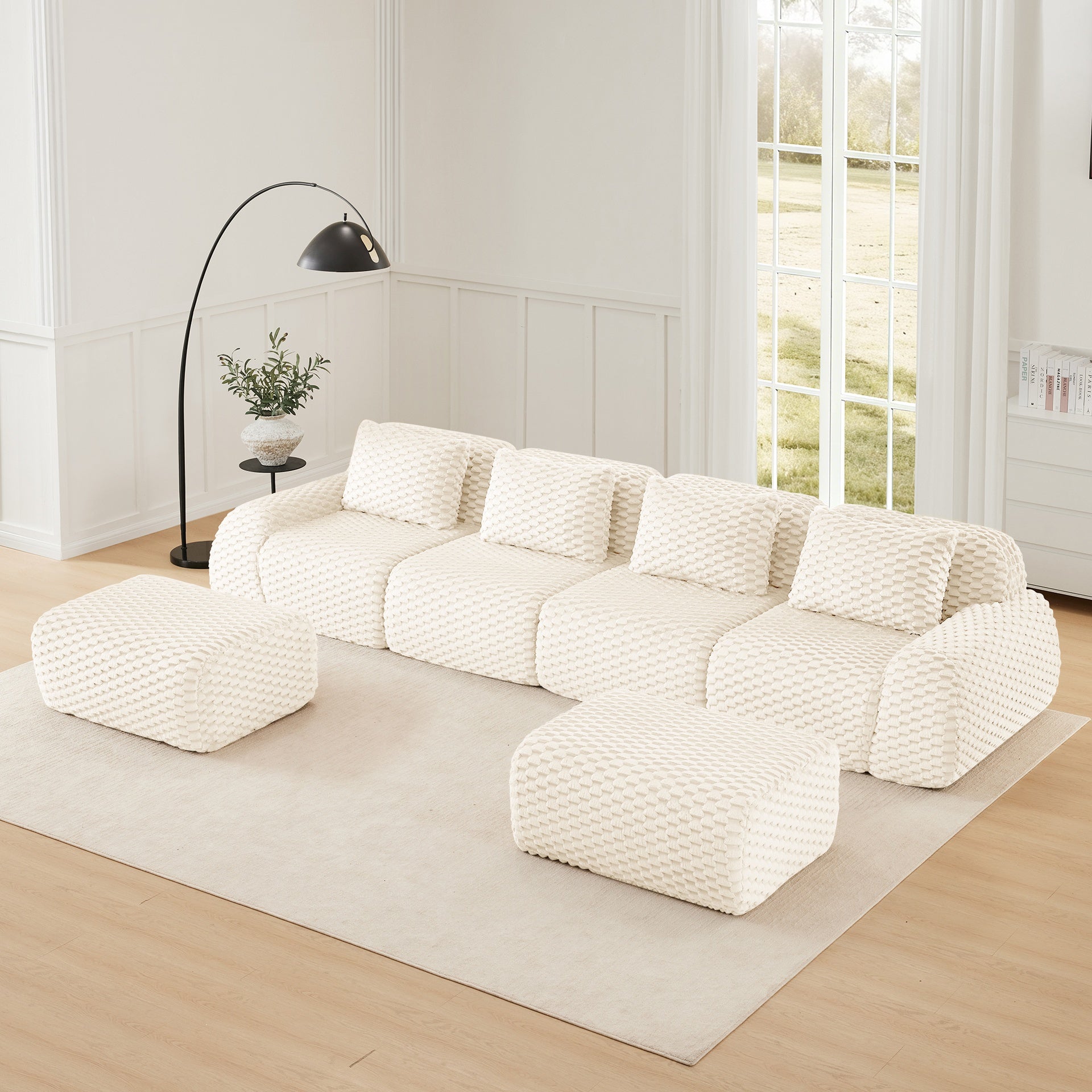 146" Modern U-Shaped Modular Sectional Sofa for Living Room,Flannelette Fabric,Oversized 4-Seater Couch,Deep Seat,Boneless sofa ,Movable Ottoman,Buckle connection,Anti-slip Design,No Assembly,Cream