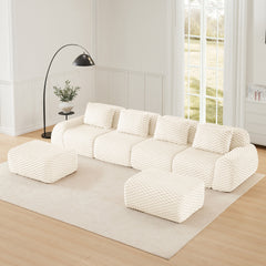 146" Modern U-Shaped Modular Sectional Sofa for Living Room,Flannelette Fabric,Oversized 4-Seater Couch,Deep Seat,Boneless sofa ,Movable Ottoman,Buckle connection,Anti-slip Design,No Assembly,Cream