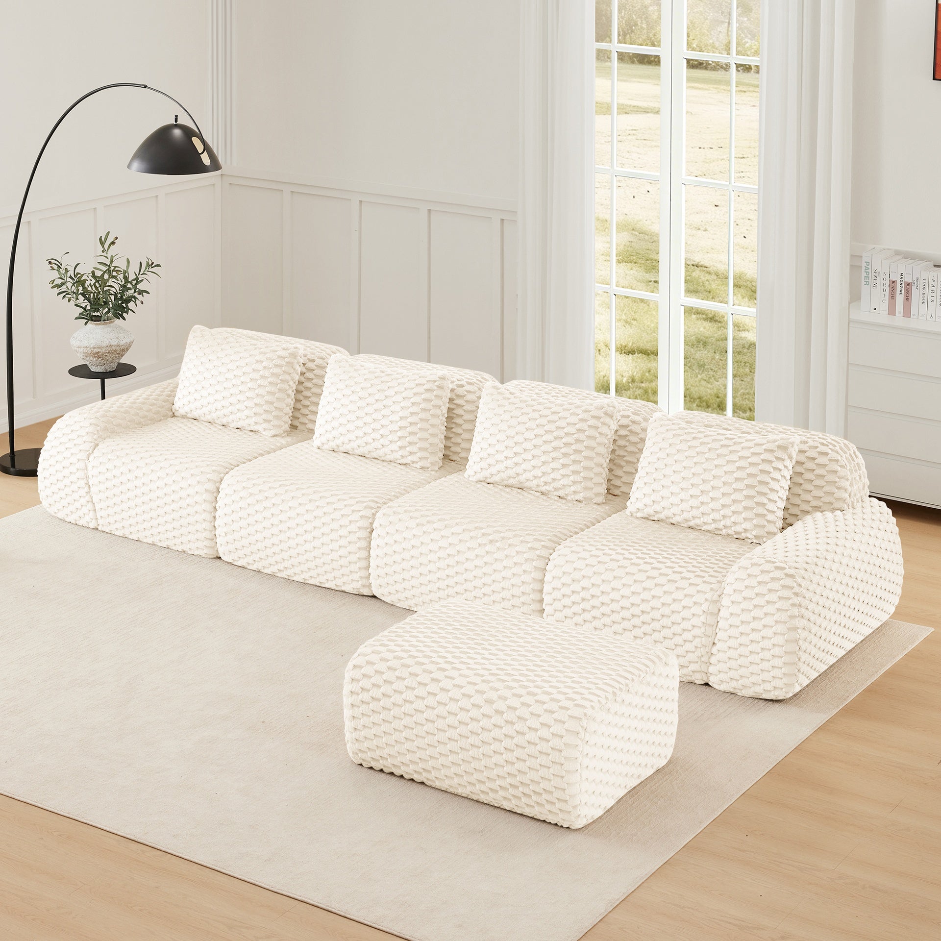 146" Modern L-Shaped Modular Sectional Sofa for Living Room,Flannelette Fabric,Oversized 4-Seater Couch,Deep Seat,Boneless sofa ,Movable Ottoman,Buckle connection,Anti-slip Design,No Assembly,Cream
