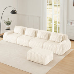 146" Modern L-Shaped Modular Sectional Sofa for Living Room,Flannelette Fabric,Oversized 4-Seater Couch,Deep Seat,Boneless sofa ,Movable Ottoman,Buckle connection,Anti-slip Design,No Assembly,Cream