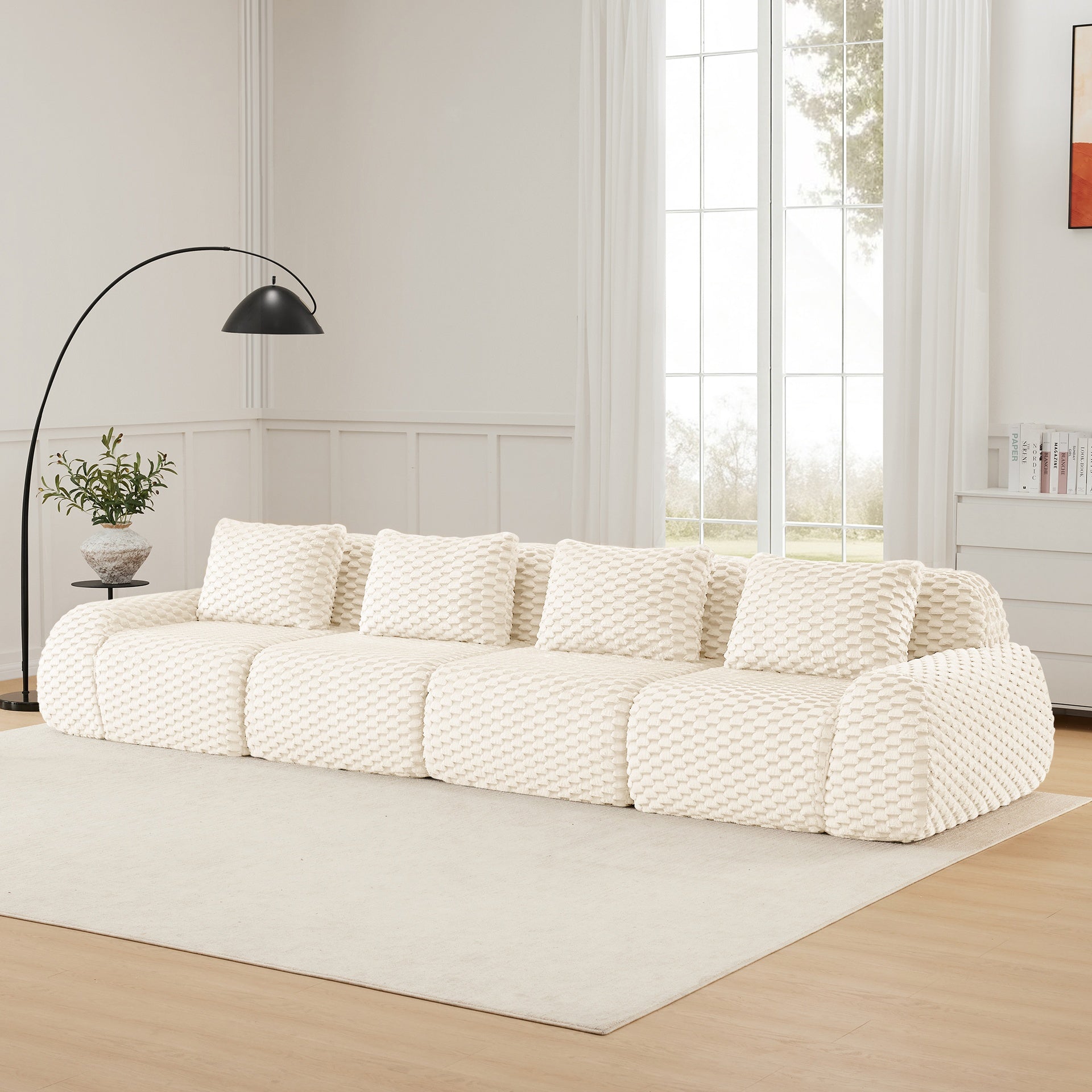 146" Modern Modular Sectional Sofa for Living Room,Flannelette Fabric,Oversized 4-Seater Couch,Deep Seat,Boneless sofa,Buckle connection,Anti-slip Design,No Assembly,Cream