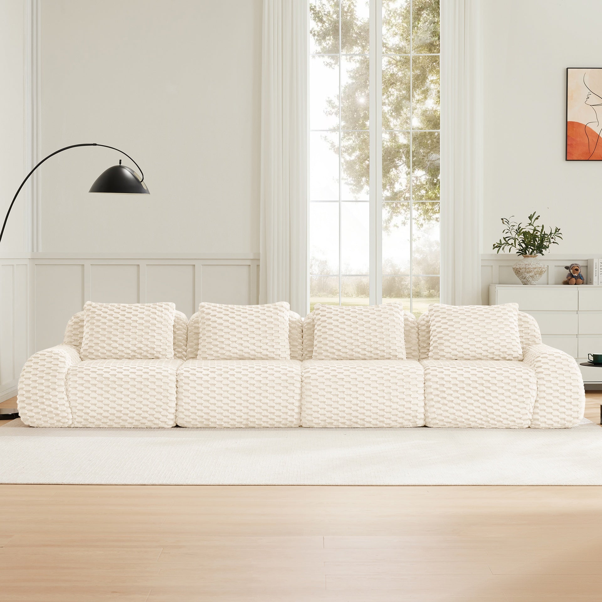 146" Modern Modular Sectional Sofa for Living Room,Flannelette Fabric,Oversized 4-Seater Couch,Deep Seat,Boneless sofa,Buckle connection,Anti-slip Design,No Assembly,Cream