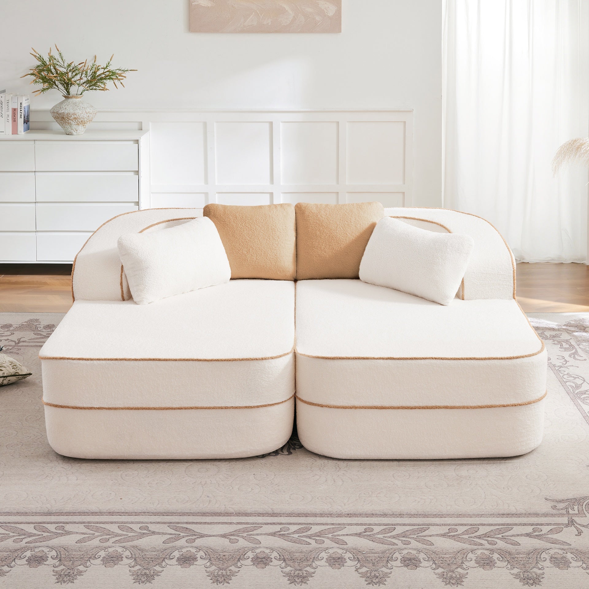 77.2" Teddy Fabric No Assembly  32D High Density sponge Boneless Sofa,Fluffy Comfy Couch with double Chaises,Sleeper sofa,Contrast color design,Symmetrical aesthetics,for Living Room,White