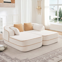 77.2" Teddy Fabric No Assembly  32D High Density sponge Boneless Sofa,Fluffy Comfy Couch with double Chaises,Sleeper sofa,Contrast color design,Symmetrical aesthetics,for Living Room,White