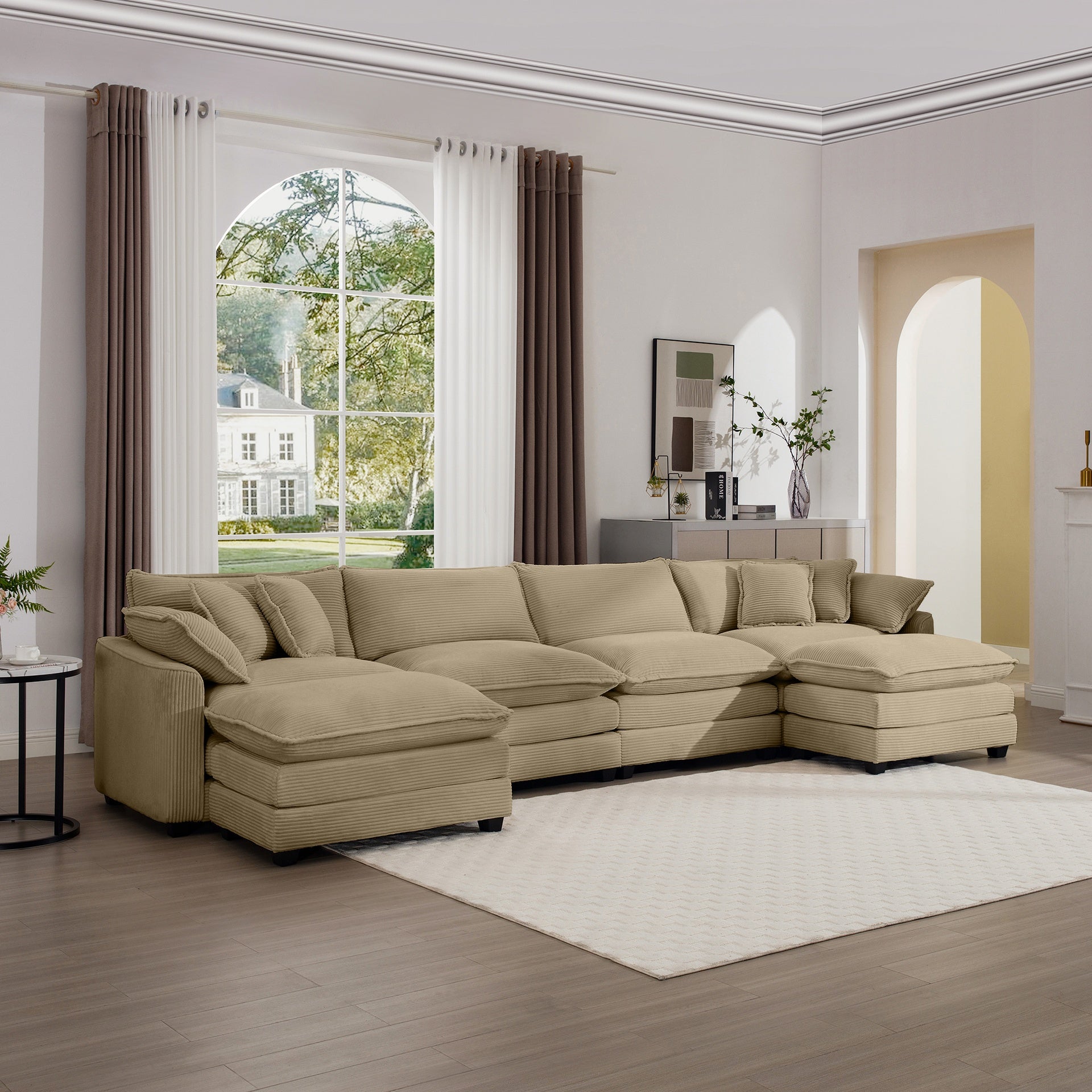 Corduroy Sofa , Modern Upholstered 4 Seater with 3 Footstools Corduroy Fabric Sofa , Office Living Room Apartment Comfortable Sofa, Easy to Assemble with 2 Arm Pillows and 4 Throw Pillows