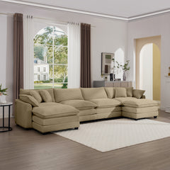 Corduroy Sofa , Modern Upholstered 4 Seater with 3 Footstools Corduroy Fabric Sofa , Office Living Room Apartment Comfortable Sofa, Easy to Assemble with 2 Arm Pillows and 4 Throw Pillows