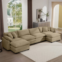 Corduroy Sofa , Modern Upholstered 4 Seater with 3 Footstools Corduroy Fabric Sofa , Office Living Room Apartment Comfortable Sofa, Easy to Assemble with 2 Arm Pillows and 4 Throw Pillows