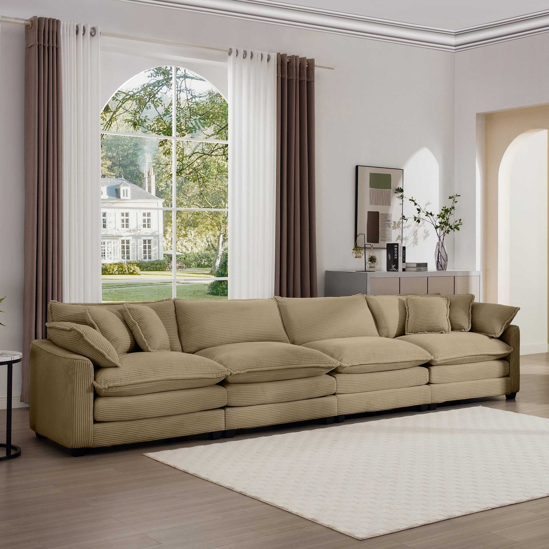 Corduroy Sofa , Modern Upholstered 4 Seater Corduroy Fabric Sofa , Office Living Room Apartment Comfortable Sofa, Easy to Assemble with 2 Arm Pillows and 4 Throw Pillows