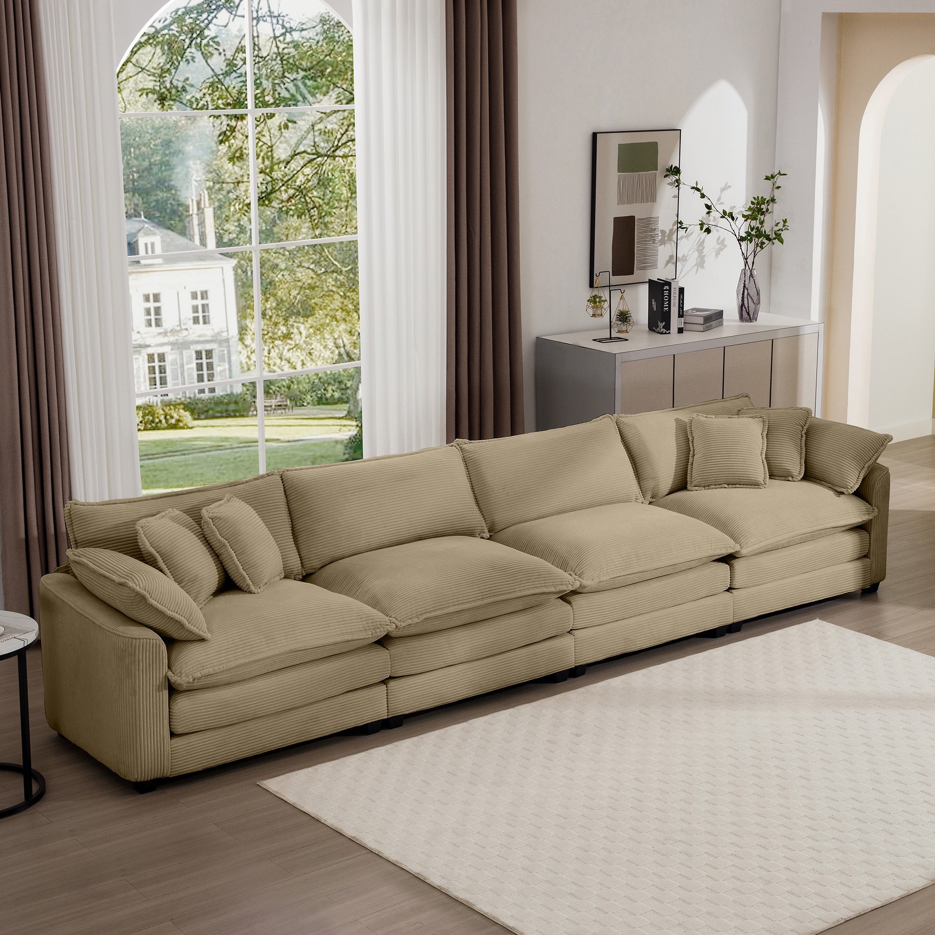 Corduroy Sofa , Modern Upholstered 4 Seater Corduroy Fabric Sofa , Office Living Room Apartment Comfortable Sofa, Easy to Assemble with 2 Arm Pillows and 4 Throw Pillows