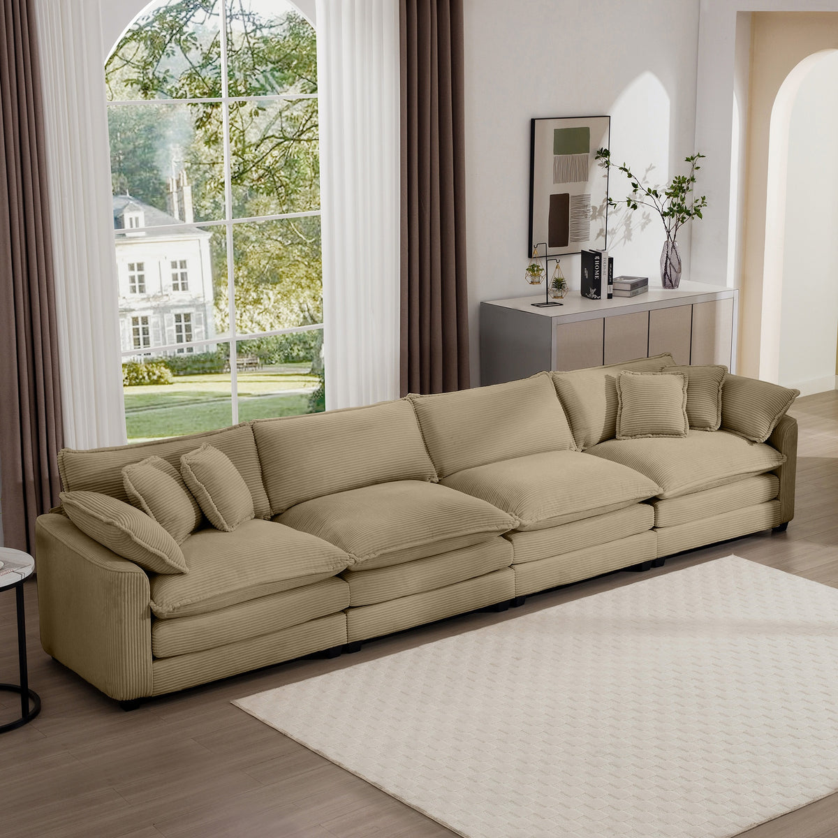 Corduroy Sofa , Modern Upholstered 4 Seater Corduroy Fabric Sofa , Office Living Room Apartment Comfortable Sofa, Easy to Assemble with 2 Arm Pillows and 4 Throw Pillows
