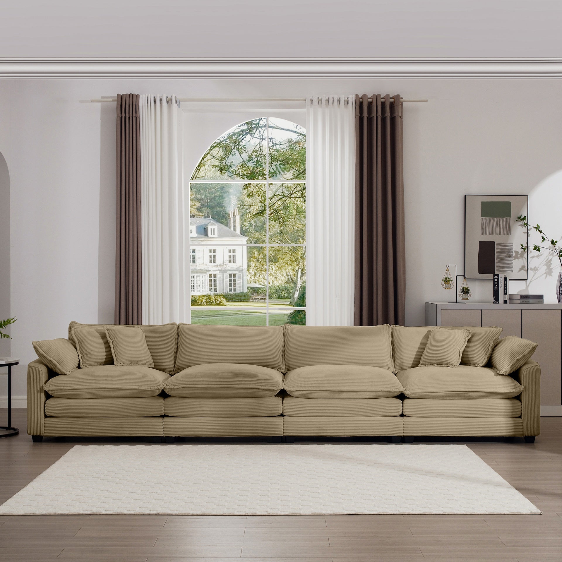 Corduroy Sofa , Modern Upholstered 4 Seater Corduroy Fabric Sofa , Office Living Room Apartment Comfortable Sofa, Easy to Assemble with 2 Arm Pillows and 4 Throw Pillows