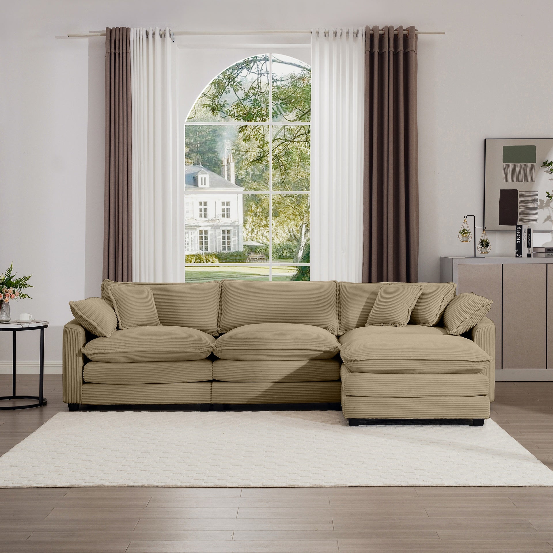 Corduroy 3-seater sofa with 1 footrest, L-shaped double sofa with ottoman for small living rooms, Tan corduroy sofa