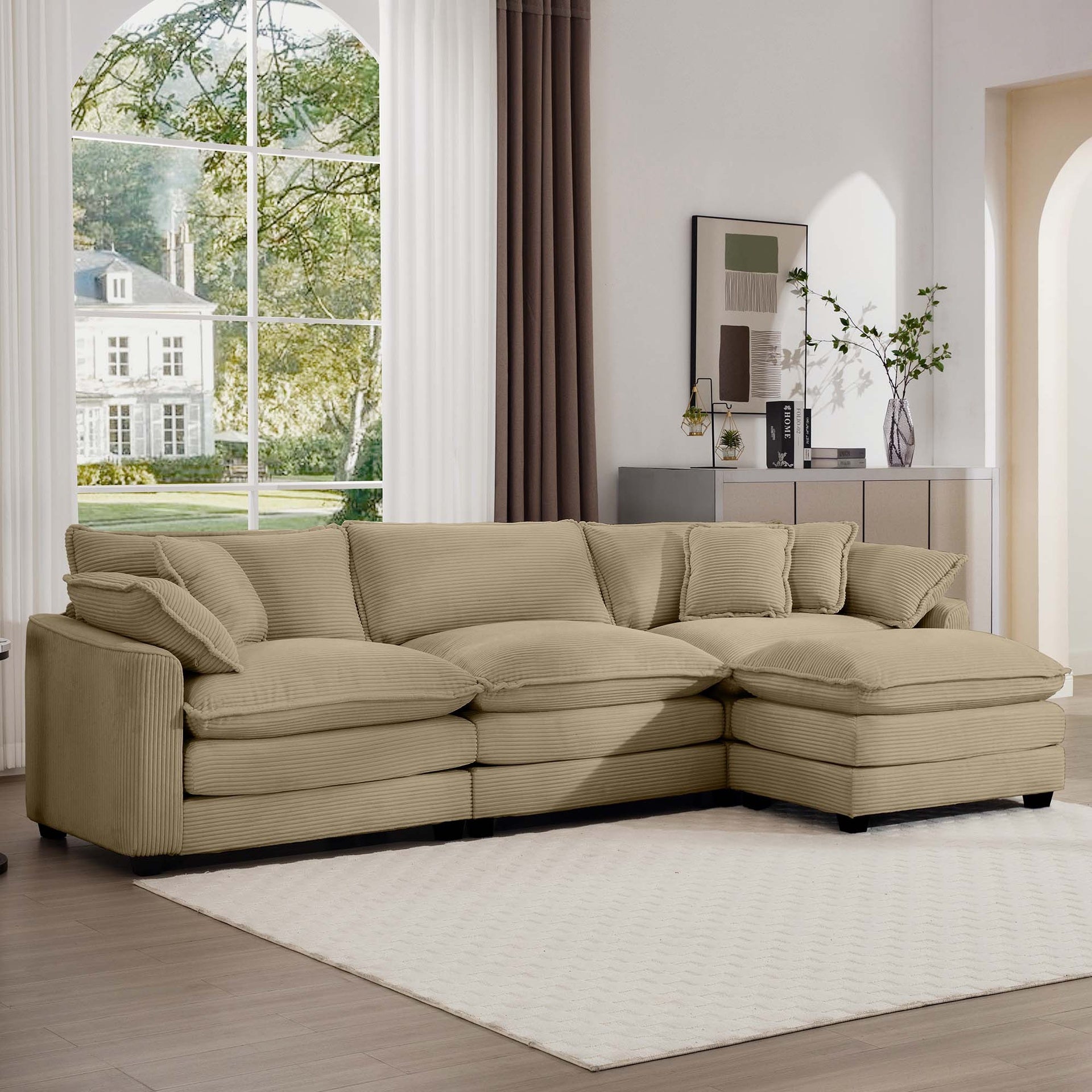 Corduroy 3-seater sofa with 1 footrest, L-shaped double sofa with ottoman for small living rooms, Tan corduroy sofa