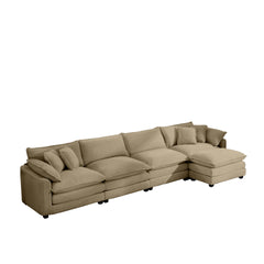 Corduroy 3-seater sofa with 1 footrest, L-shaped double sofa with ottoman for small living rooms, Tan corduroy sofa