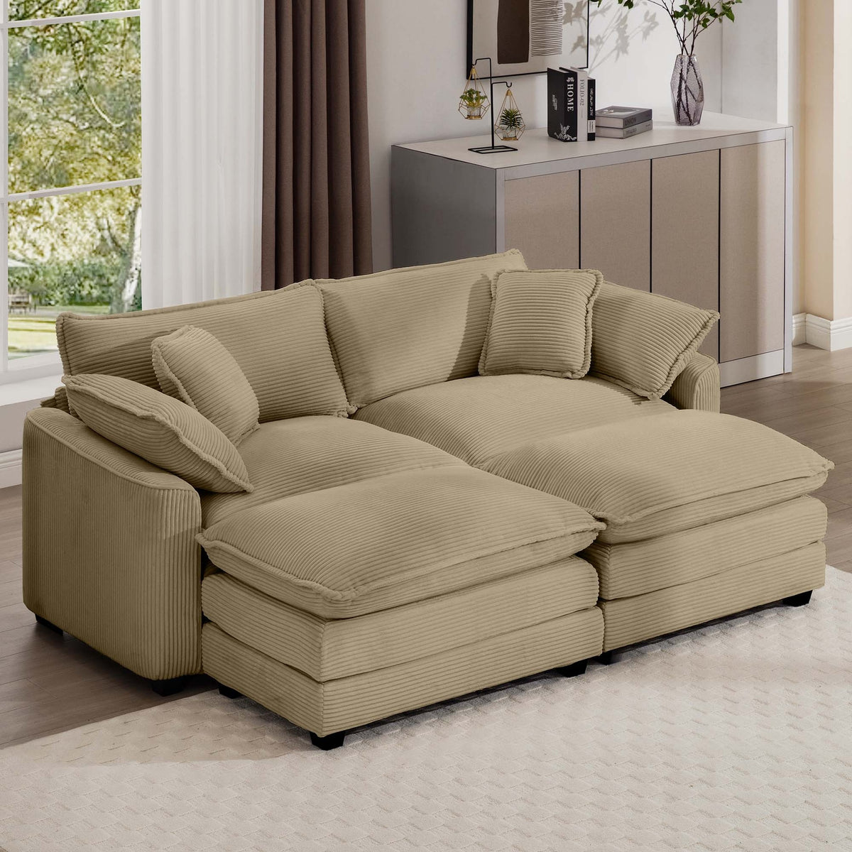 Corduroy Two-Seater Sofa  with 2 Footrest, 2-Seater Sofa with Ottoman for Small Living Spaces, Tan Corduroy Sofa