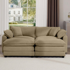 Corduroy Two-Seater Sofa  with 2 Footrest, 2-Seater Sofa with Ottoman for Small Living Spaces, Tan Corduroy Sofa