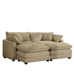 Corduroy Two-Seater Sofa  with 2 Footrest, 2-Seater Sofa with Ottoman for Small Living Spaces, Tan Corduroy Sofa
